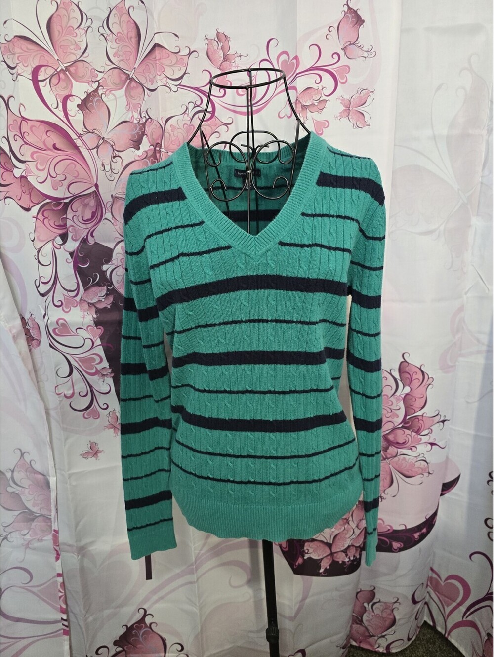 Vintage Tommy Hilfiger Womens Large Green & Navy Striped Cable Knit Sweater